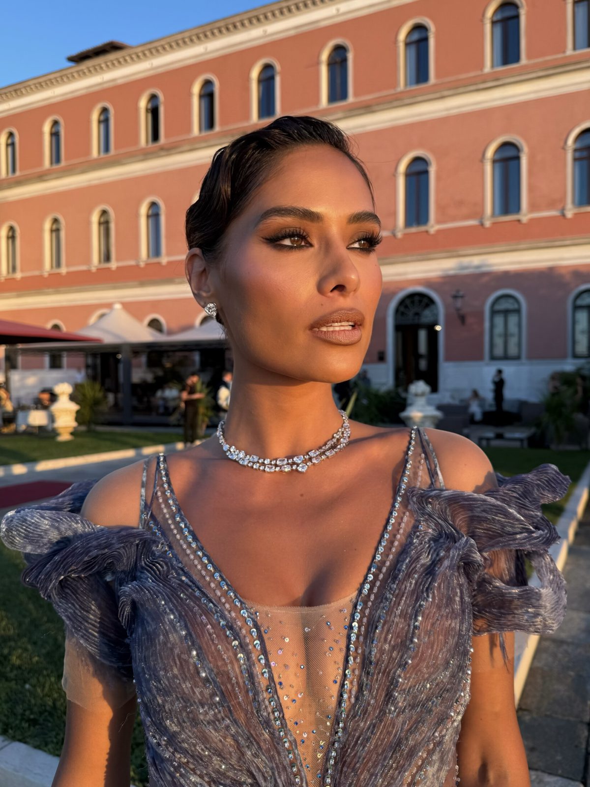Model Yasmin Verheijen in a lilac embellished gown at the Hotel Excelsior, amfAR, Venice Film Festival 2025, makeup by Andrada Rusu